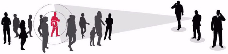 silhouettes of people in a crowd and a man with a concealed weapon